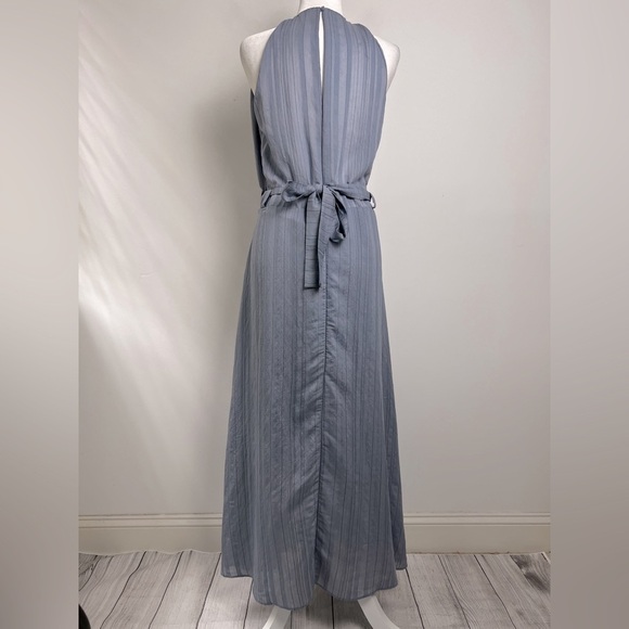 Grade & Gather Slate Blue Pinstripe Halter Neck Side Cutouts Chic Maxi Dress - Picture 6 of 11